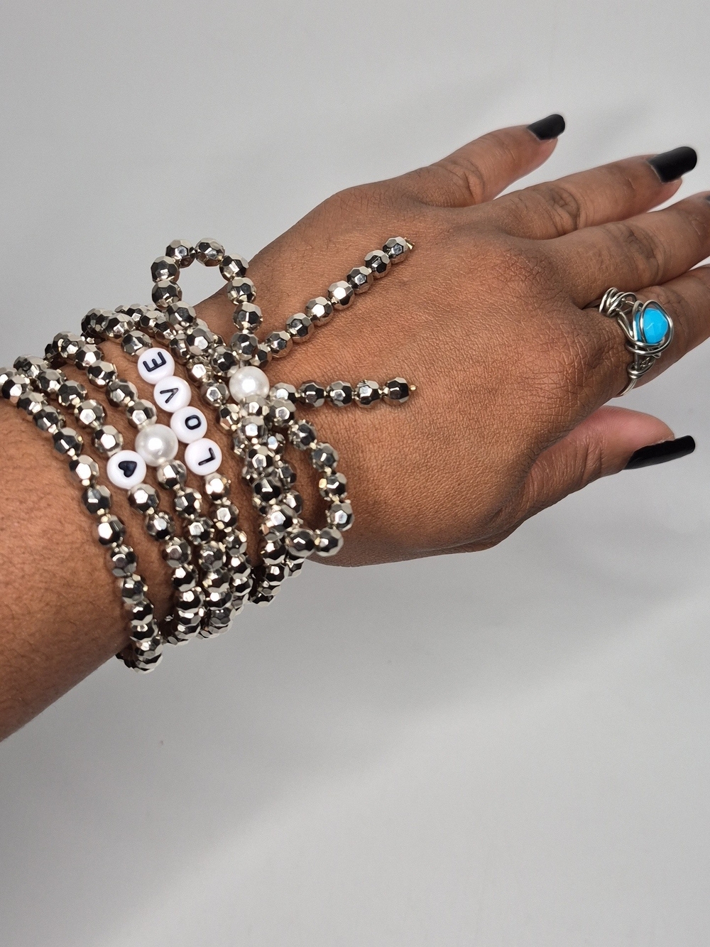 Silver Beaded 'LOVE' Multi-Strand Bracelet Stack